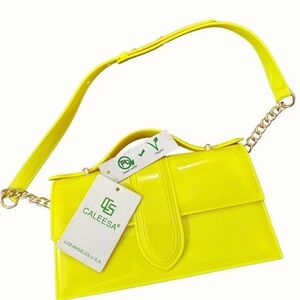 Caleesa Fluorescent Yellow Patent Handbag Purse Vegan Chain Strap NWT